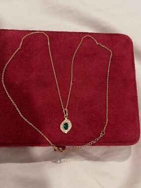 Gold Pendant Necklace with Emerald Green Crystal Accent